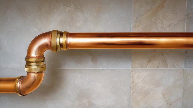 597Overhead perspective of copper plumbing pipes arranged along unfinished wall, elbow joints, connectors, detailed textures, indoor home installation