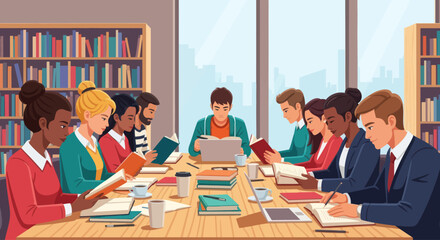 Diverse group of people studying together in a library with bookshelves and large windows © kopi