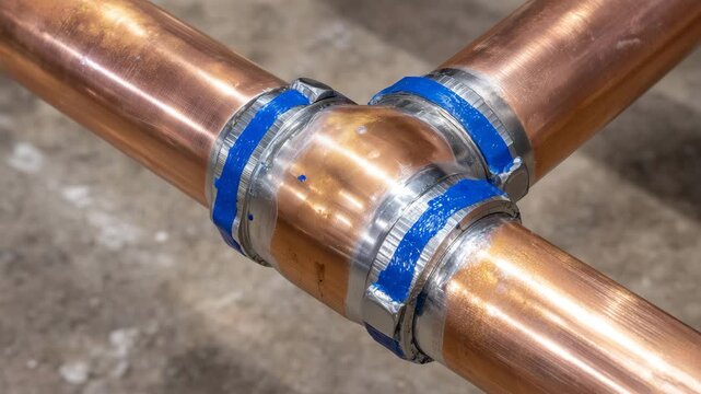 601Macro top-down view of copper plumbing pipe joint, polished metallic surface, adhesive and fittings visible, indoor renovation