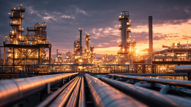 large oil refinery with glowing pipelines at sunset warm industrial landscape, cinematic 3d render of petrochemical plant with dramatic sky and orange lighting