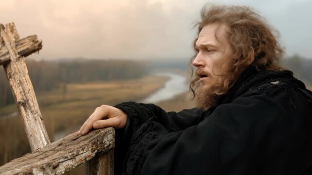 Devout ancient man, biblical prophet contemplating divine grace, spiritual journey, theology, Old Testament narrative, rugged wooden cross, vast river landscape, misty horizon