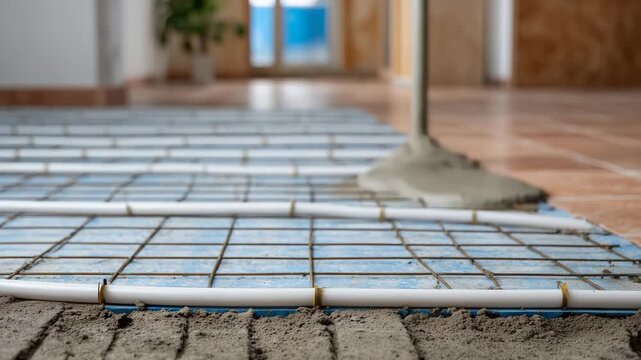 611Side view of underfloor heating pipes arranged on floor substrate, adhesive and pipe texture visible, indoor renovation, macro perspective
