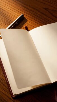A clean open notebook with a pen on a wooden desk setup, perfect for writing, note-taking, or creative projects in professional or study environments.
