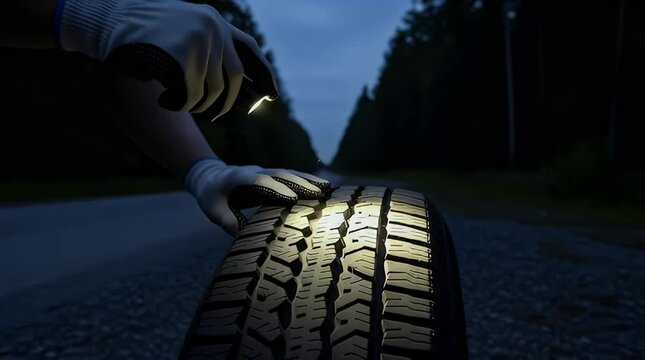 Hand in gloves shines a flashlight on a tire tread at night highlighting wear and tear for roadside inspection or automotive maintenance concept