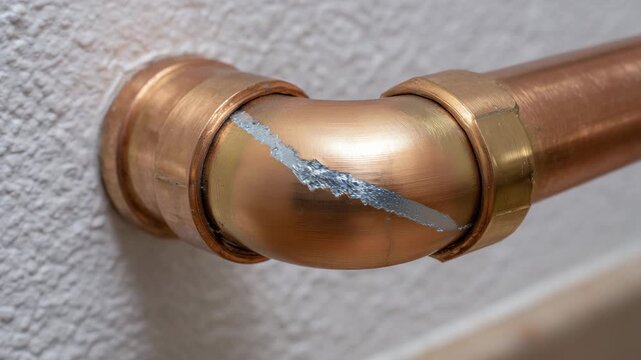 613Close-up of copper plumbing elbow joint, polished metal, detailed soldering textures, indoor home renovation scenario