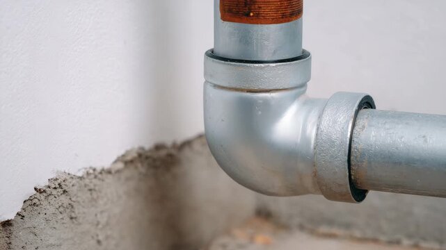 625Macro close-up of gray PVC water pipe junction, adhesive and elbow fitting visible, indoor floor installation, detailed textures of pipe and cement substrate, realistic lighting