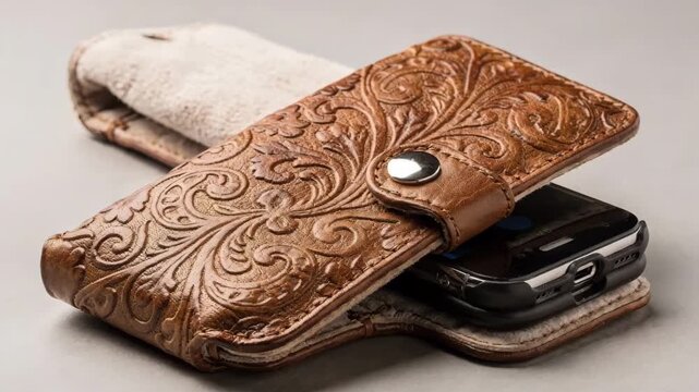 Medium shot featuring an embossed leather phone sleeve with intricate patterns padded interior and secure snap closure blending elegance with device protection.