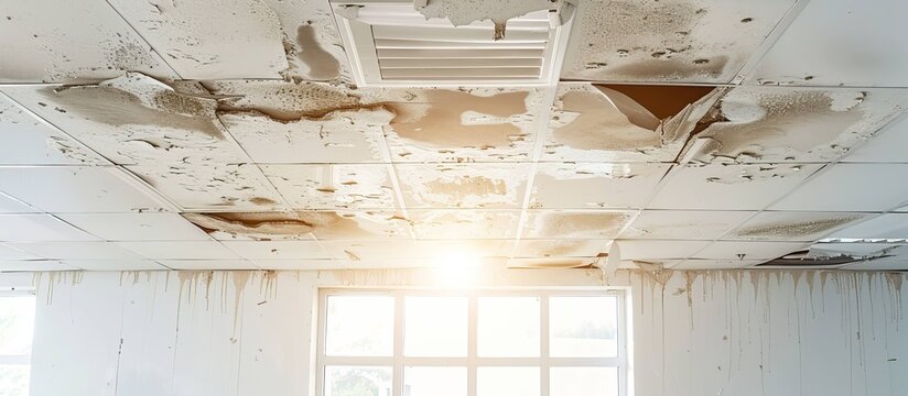 Damaged ceiling panels with heavy water stains and cracks