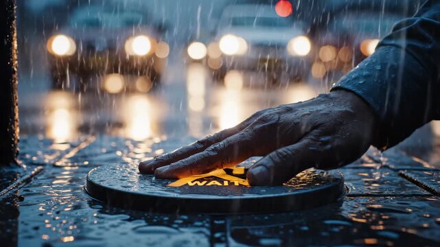 A hand reaches out to press a luminous button nestled in a rain-soaked street, while blurred city lights dance in the background, painting an enchanting scene of urban life.