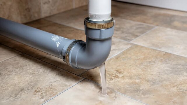 638Top-down view of gray PVC plumbing pipes with elbow fittings, adhesive visible, indoor renovation, detailed macro textures of pipe and floor