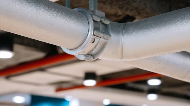 637Close-up macro of electrical conduit junction, threaded screws and brackets, PVC and metal pipes visible, office ceiling, detailed textures
