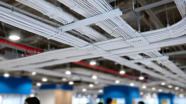 644Overhead view of PVC conduit system on office floor, wires threaded, junction boxes visible, macro detailed perspective