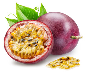 Naklejka premium Fresh ripe passion fruit with half passionfruit showing juicy pulp and seeds, accompanied by green leaves, isolated on white background with clipping path.