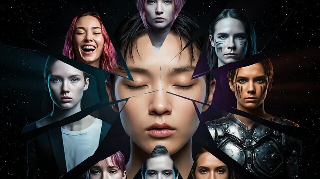 Broken glass multiple faces portrait.