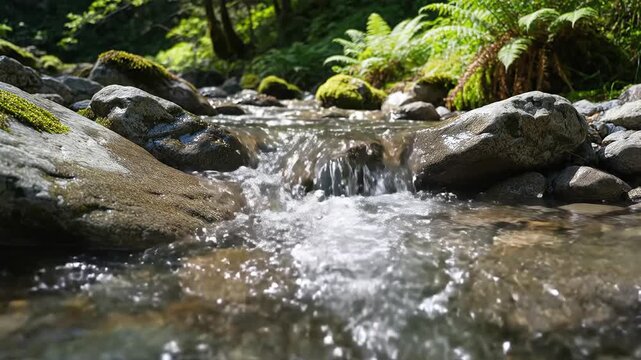 Clear Mountain Stream Flowing Over Rocks in Lush Forest.