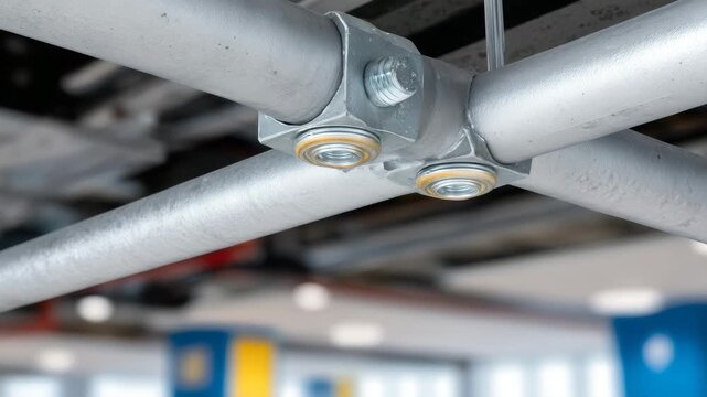 664Side view of electrical conduit installation in office ceiling, PVC and metal pipes, threaded screws, brackets visible, macro detailed textures