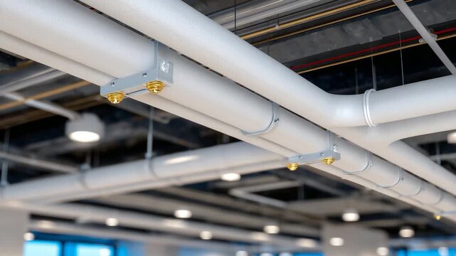 665Side view of electrical conduit installation in office ceiling, PVC and metal pipes, threaded screws, brackets visible, macro detailed textures