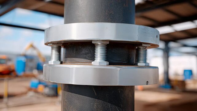 663Macro perspective of industrial water pipe flange, bolts, gasket, metallic textures, outdoor construction site