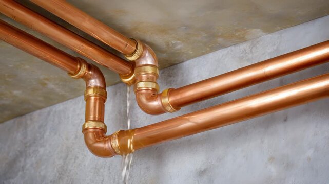 669Overhead view of copper pipes arranged along unfinished wall, elbow and T-joints visible, polished metallic surfaces, indoor renovation, macro detail