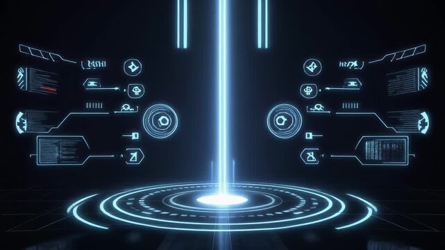 Futuristic digital interface glowing blue light beam , Futuristic digital interface with glowing blue circular platform, Modern abstract technology background with cyber network.