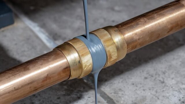 671Macro top-down of copper pipe elbow joint, polished metallic surface, soldering details, indoor plumbing renovation