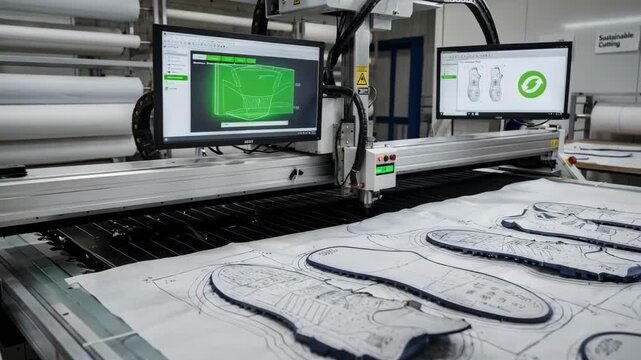 Medium shot capturing automated pattern placement on fabric uppers in a smart cutting room using AI nesting technology to maximize fabric use and improve sustainability.