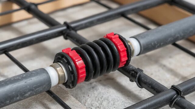693Macro close-up of spiral underfloor heating pipes, adhesive and floor substrate visible, red and gray tubing, indoor renovation