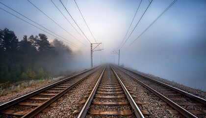 Obraz premium Fog Covering Empty Tracks In A Reflective Scene