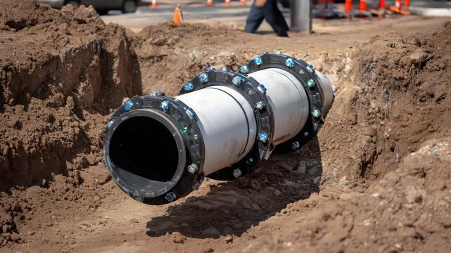 695Wide-angle macro of PVC pipeline outdoors, trench, soil, flanges, and pipe fittings, realistic construction site