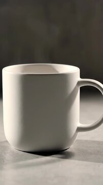 A series of frames showing a white ceramic coffee mug from different angles in a minimalist, cozy kitchen scene with soft lighting and neutral tones.