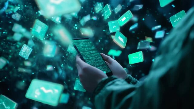 Programmer is holding smartphone with matrix style code and data stream icons floating around, representing digitalization, technology, and software development