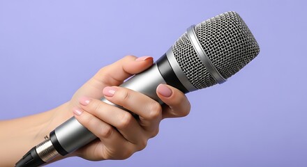 Close up of hand holding a silver dynamic microphone  music  recording studio