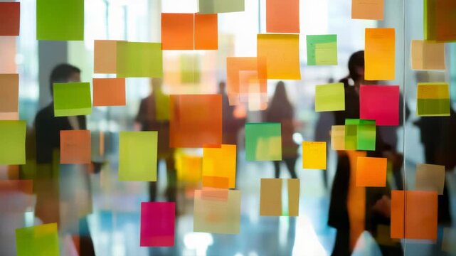 Colorful sticky notes are stuck on a glass wall in an office environment, suggesting a brainstorming session involving business professionals