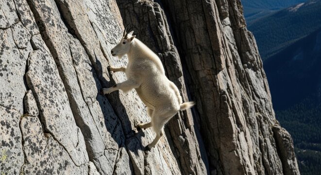 Agile mountain goat expertly navigating a steep, rocky cliff face with surefooted grace