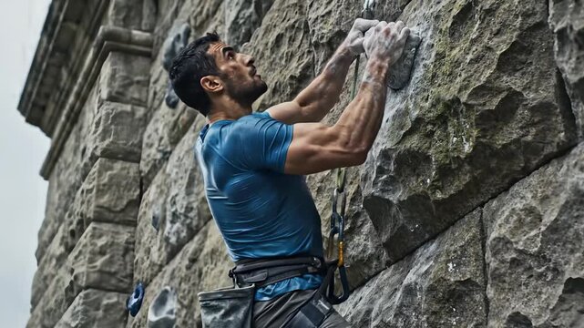 A dedicated climber engages in a challenging ascent on a rocky surface as dark clouds loom overhead. The climber demonstrates steadfast focus and powerful grip while navigating the crags.