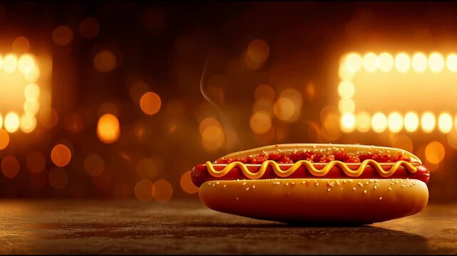 Enjoy a Hot Dog With Mustard and Ketchup Placed in a Warm Setting During a Food Showcase Event at Night