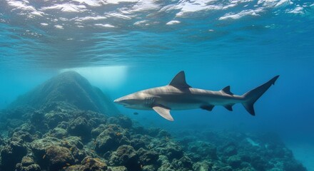 Fototapeta premium Galapagos shark cruising underwater near rocky reef, sunlight dappling the ocean surface above