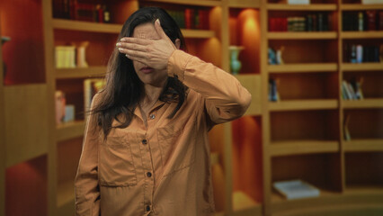 Woman covering eyes with hand and pressing forehead in library with wooden bookshelves and lamp visible  discomfort. © Krakenimages.com