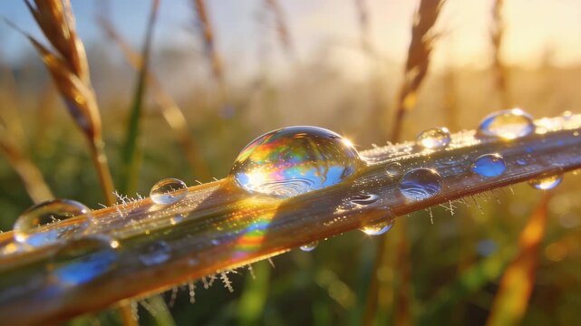 Cinematic Macro of Shimmering Dew on a Reed Blade at Sunup