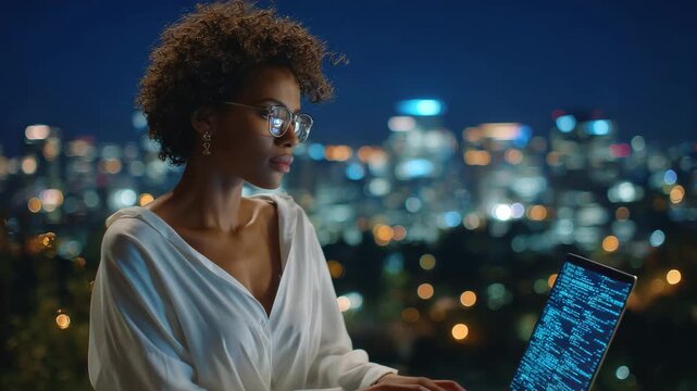 Black female programmer analyzing binary code in a quiet modern tech office, soft ambient light highlighting the screen and her silhouette, professional calm energy, digital future