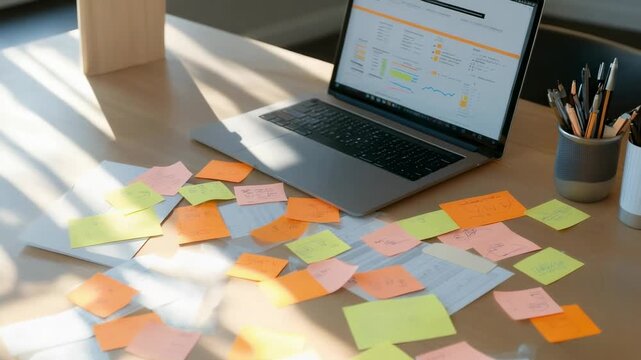 Laptop sits on a desk amidst numerous colorful sticky notes, bathed in sunlight, suggesting an active brainstorming session and a focus on creative thinking