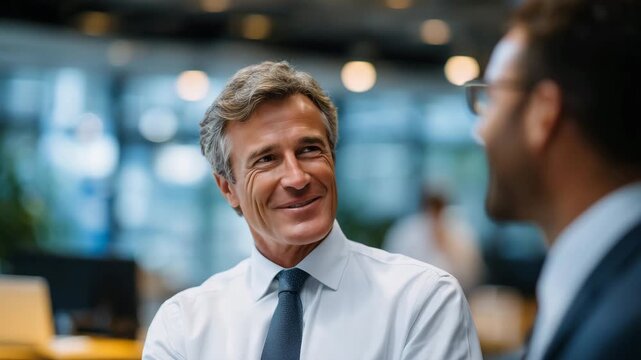 Business people smiling and chatting in a modern office lounge, seen from side and back angles, smart casual attire, laptops and coffee cups on a wooden table, large windows floodi