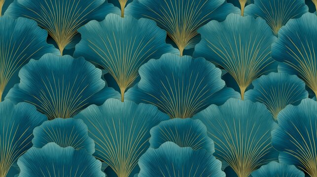 Art Deco seamless pattern with teal and gold fans. Elegant decorative pattern displaying repeating teal fan shapes with delicate golden lines