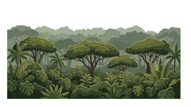 A serene jungle scene with lush greenery and trees viewed from a distance in a natural landscape