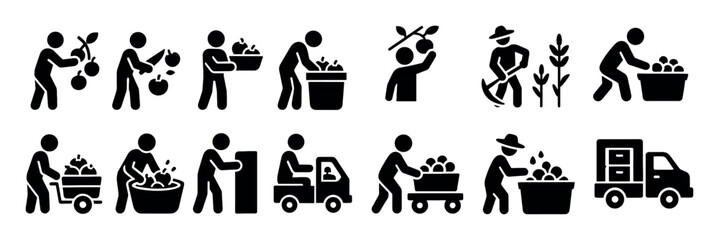 Naklejka premium Agriculture icons with farmer crate truck solid