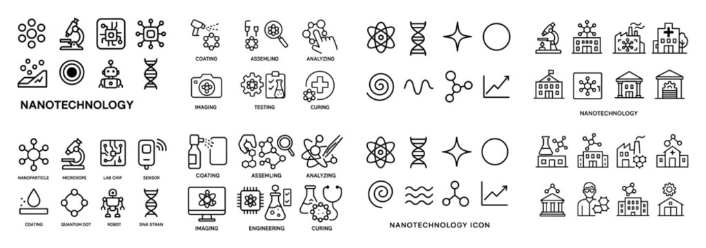 Nanotechnology icons with atom chip microscope minimal