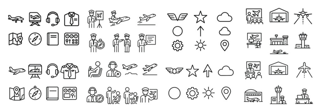 Travel airport icons with airplane pilot luggage outline