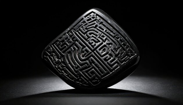 Intricate maze-like pattern etched into polished obsidian artifact with ancient script, a detailed historical design.
