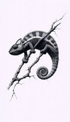Fototapeta premium A Chameleon on a Branch ink drawing art print, Ai generated image