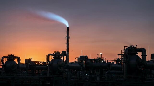 Hydrogen flare stack glowing during sunset with compressors and headers in silhouette emphasizing energy transition and environmental control.